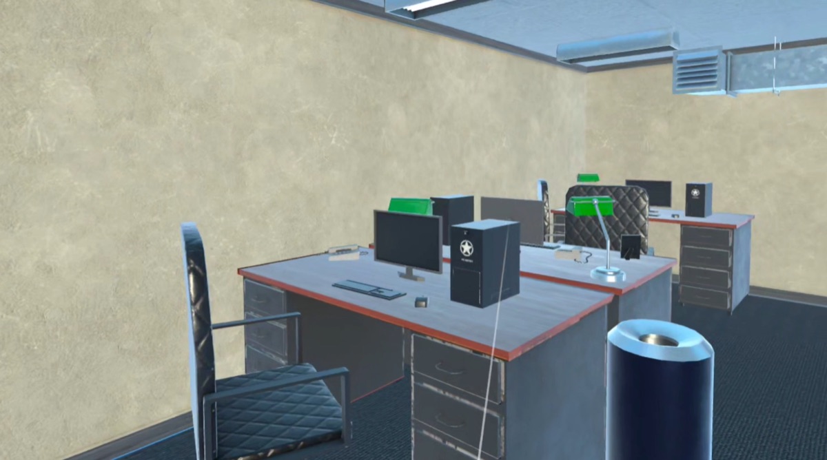 Vista general de la oficina corporativa VR: múltiples estaciones de trabajo con equipos interactivos.