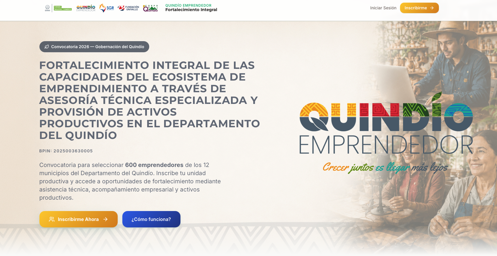 Portal público de Quindío Emprendedor con la convocatoria abierta a emprendedores del departamento.